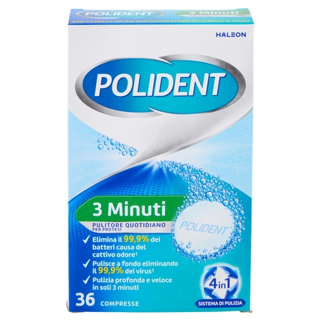 Polident Pulitore Quotidiano 3 Minuti Igiene della Protesi Dentale Pulizia Profonda 36 Compresse